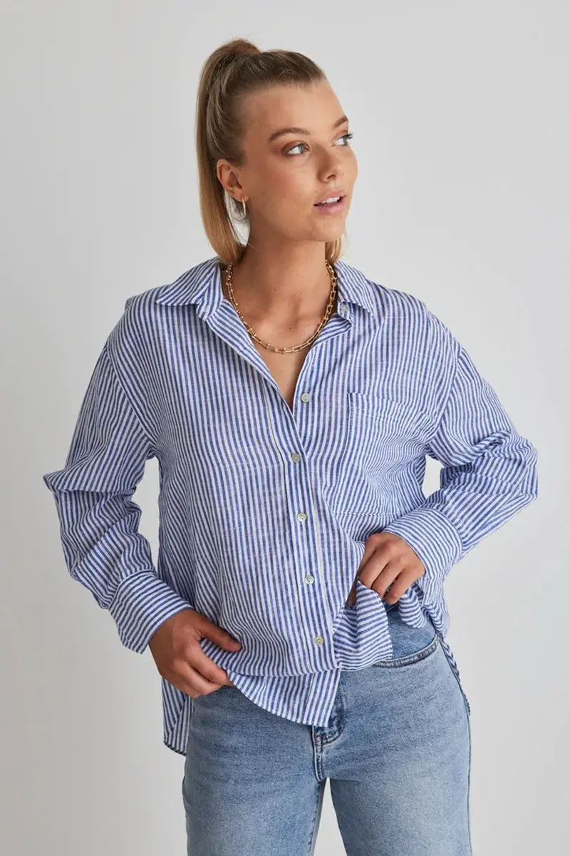 Stories Be Told - You Got This Oversized Cotton Shirt - Blue 1
