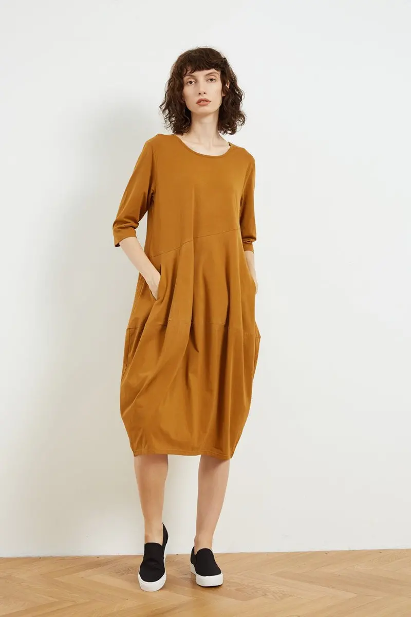 Tirelli - 3/4 Sleeve Diagonal Seam Dress - Caramel 1