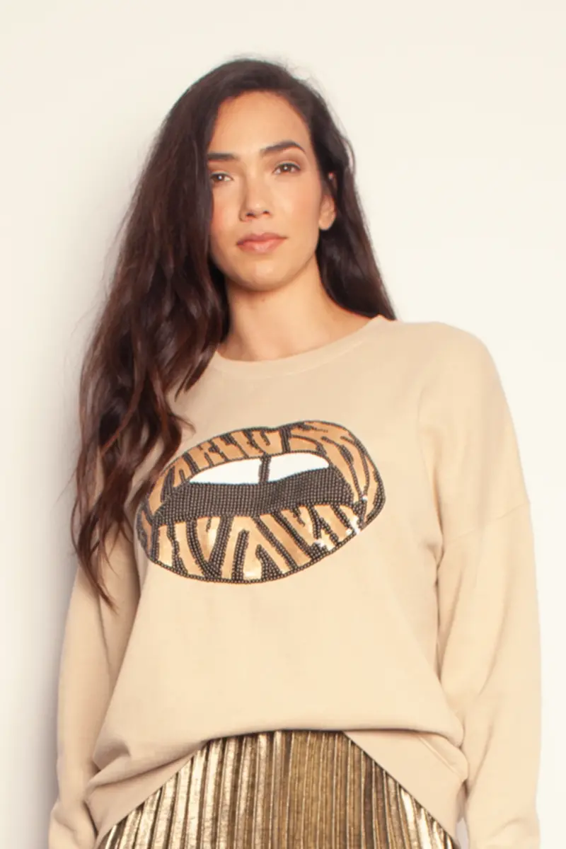The Others - The Slouchy Sweat - Sandstone With Zebra Sequin Lips 1