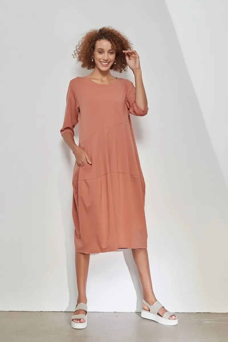 Tirelli - 3/4 Sleeve Diagonal Seam Dress - Terracotta 1