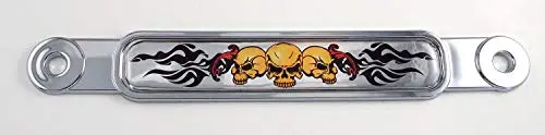 3 Scull With Flames Flag Chrome Emblem Screw On Car License Plate Decal Badge 1
