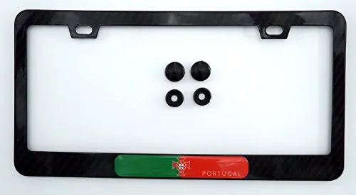 Portugal Flag Black Carbon Fiber Look Metal Car License Plate Frame 1
