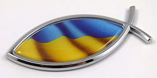 Ukraine Jesus Fish Ukrainian Flag Car Bike Chrome Emblem Decal Sticke Christian 1
