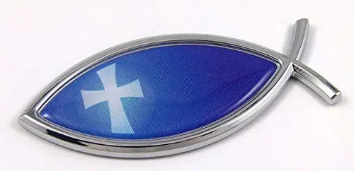 Car Chrome Decals Cbfsh-Blue Jesus Fish With Cross Flag Car Bike Auto Chrome Emblem Decal Sticker Christian 1