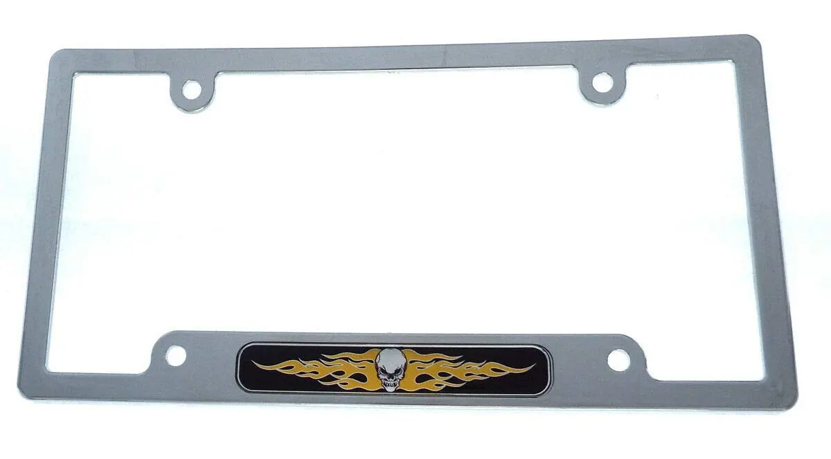 Skull With Flame Flag Car License Plate Frame Chrome Plated Plastic Cp08 1