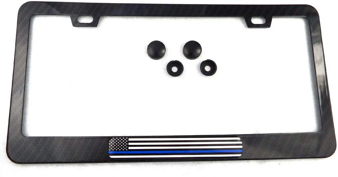 Usa Police Flag Black Carbon Fiber Look Metal Car License Plate Frame 1