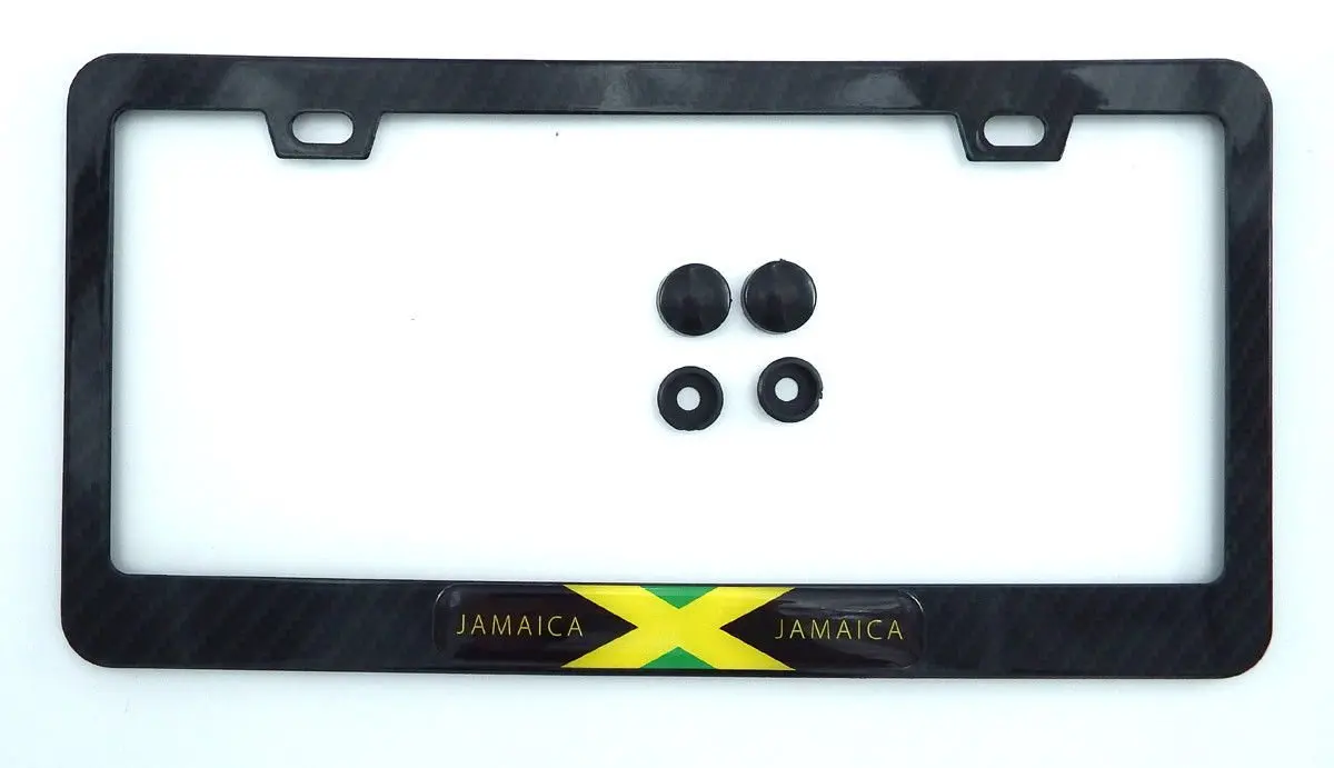 Jamaica Flag Black Carbon Fiber Look Metal Car License Plate Frame Holder 1