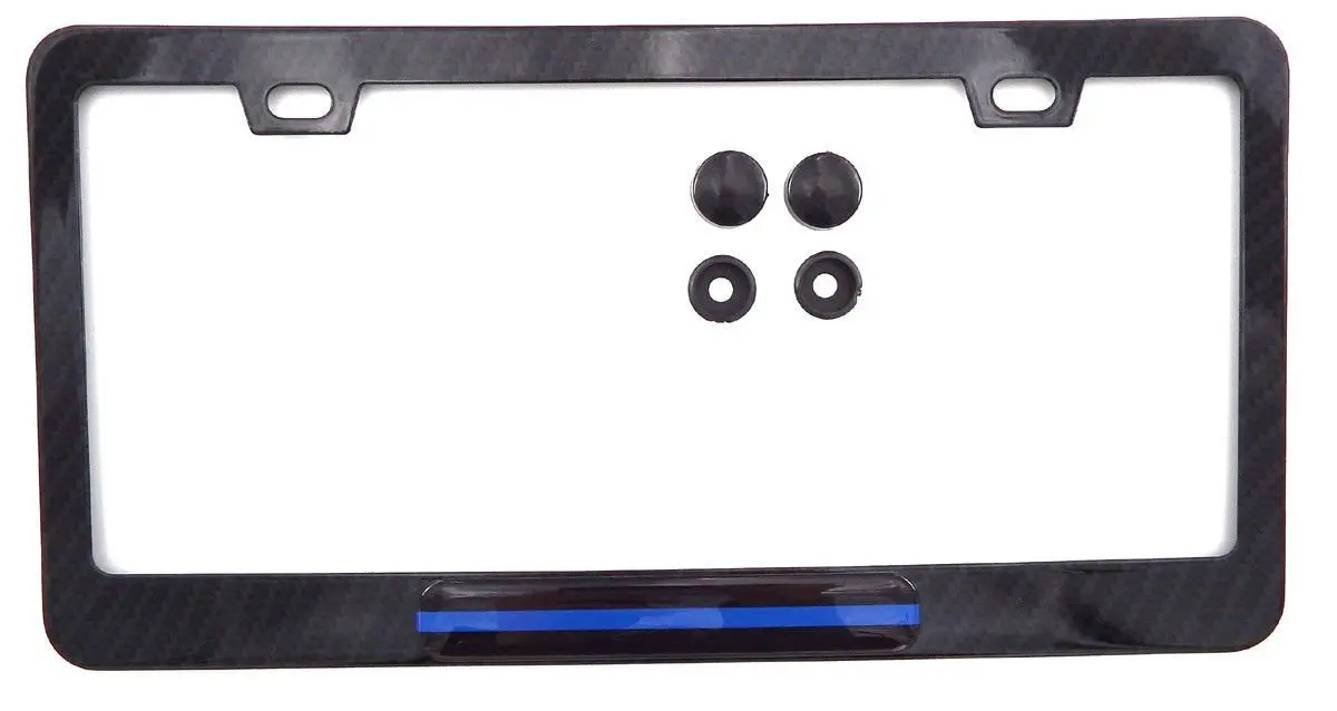 Thin Blue Line Police Flag Black Carbon Fiber Look Metal Car License Plate Frame 1