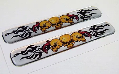 Skulls With Flames Domed Decal Emblem Resin Chrome Car Stickers 5"X 0.82" 2Pc. 1