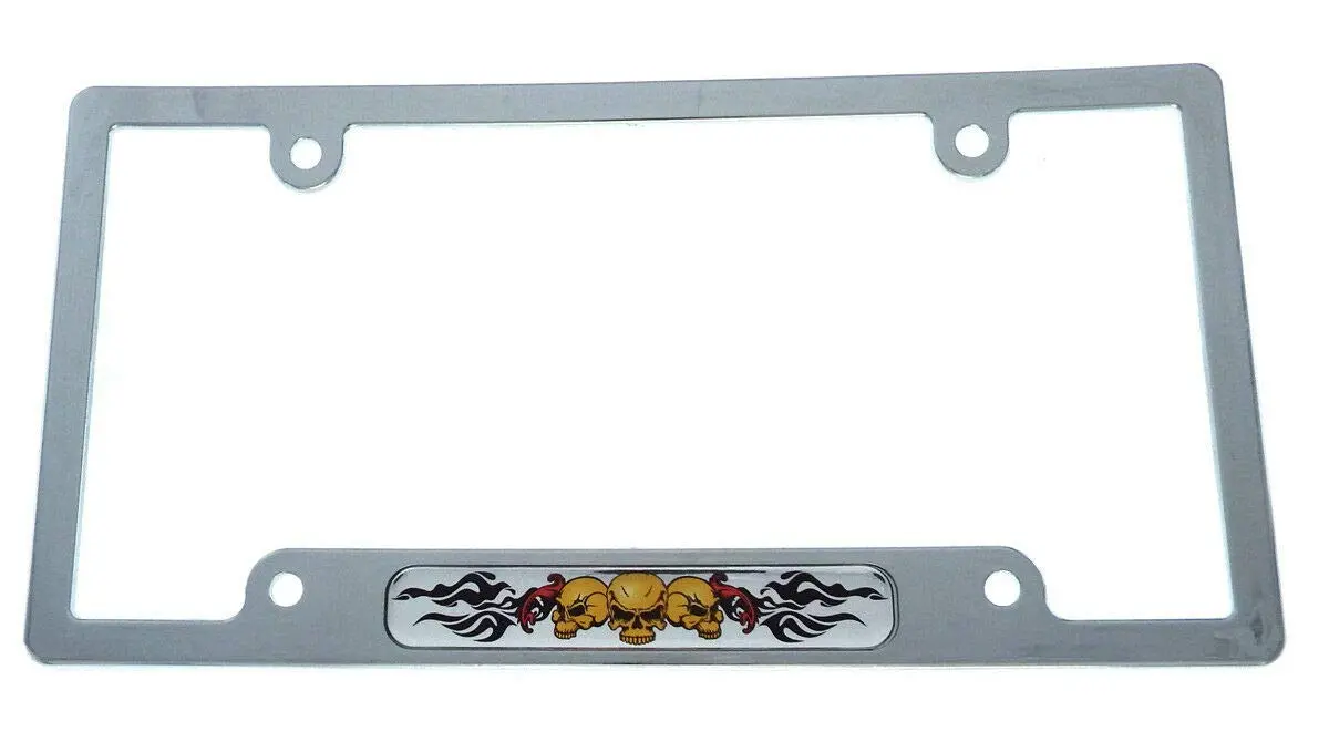 Skull 3 With Flame Flag Car License Plate Frame Chrome Plated Plastic Cp08 1