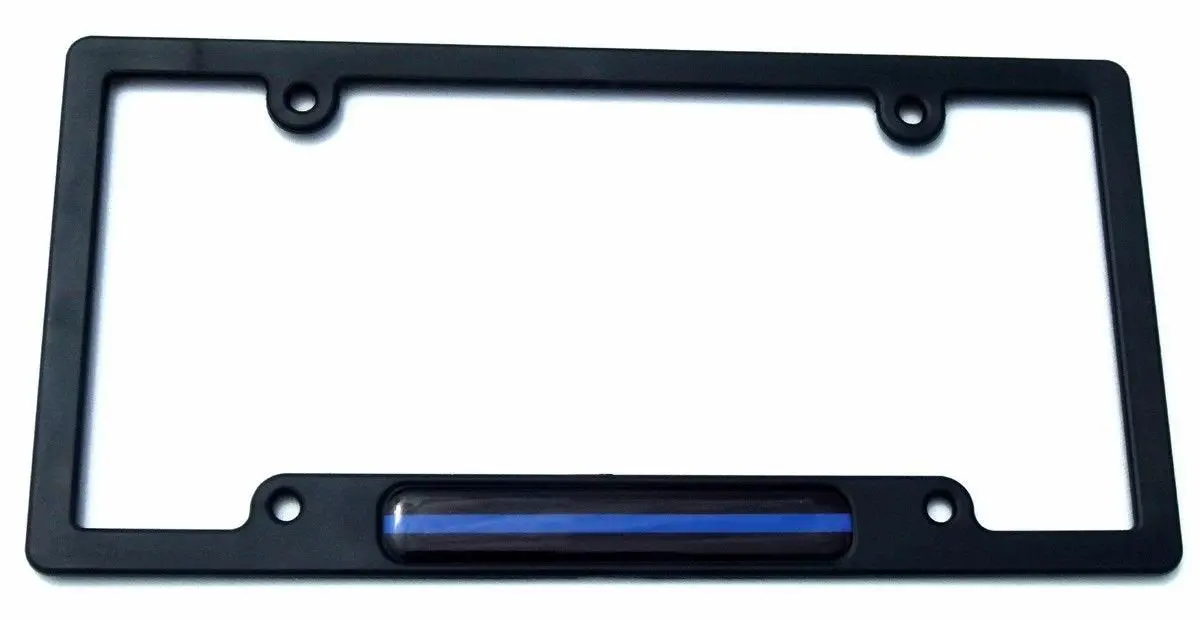 Police Thin Blue Line Flag Black Plastic Car License Plate Frame Dome Decal 1