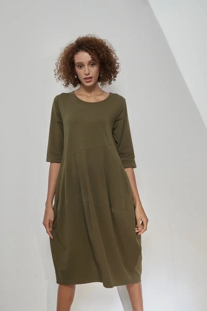 Tirelli - 3/4 Sleeve Diagonal Seam Dress - Khaki 1