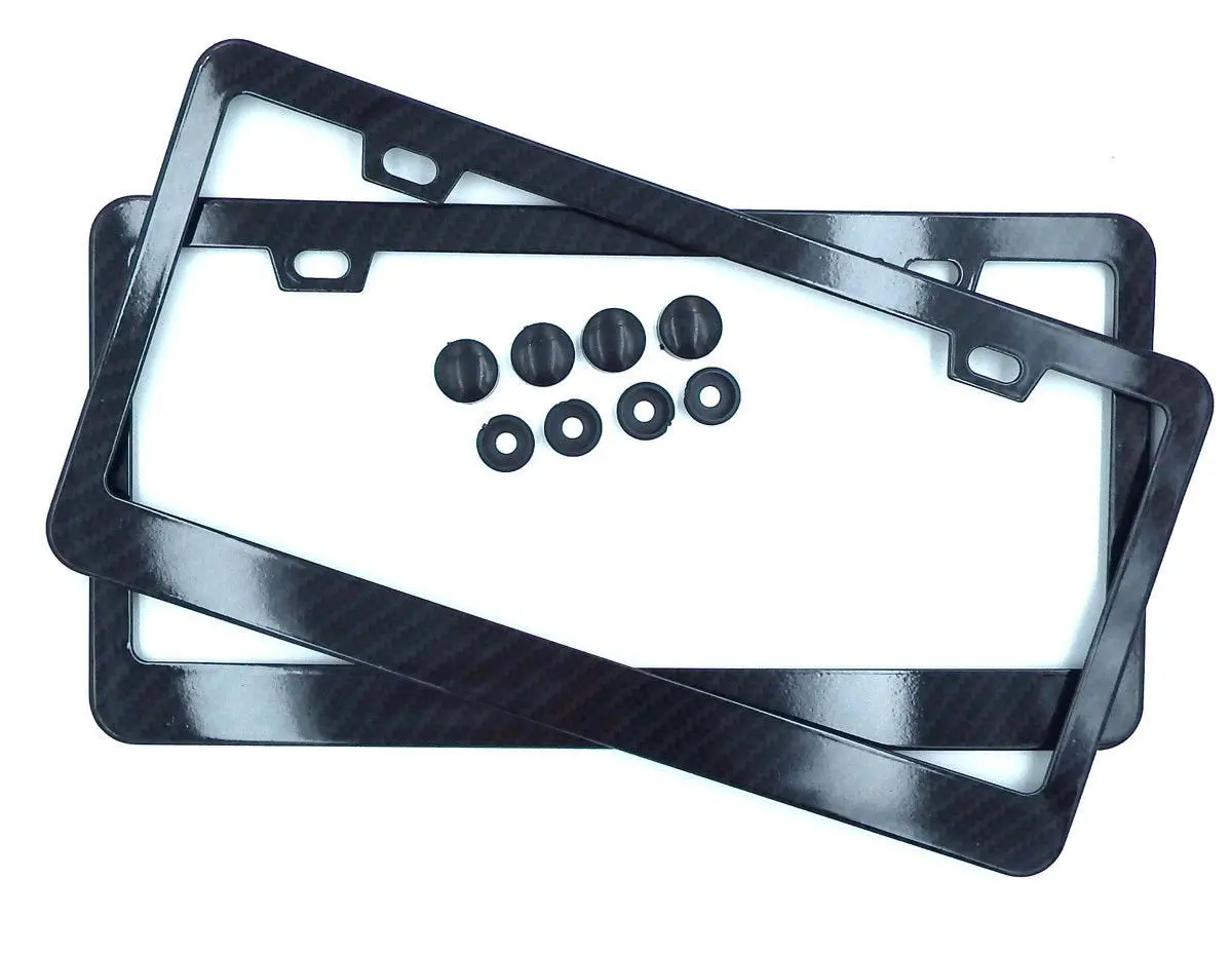 2 Black Carbon Fiber Look Metal Car License Plate Frames Holder Blank Cbmlf2 1