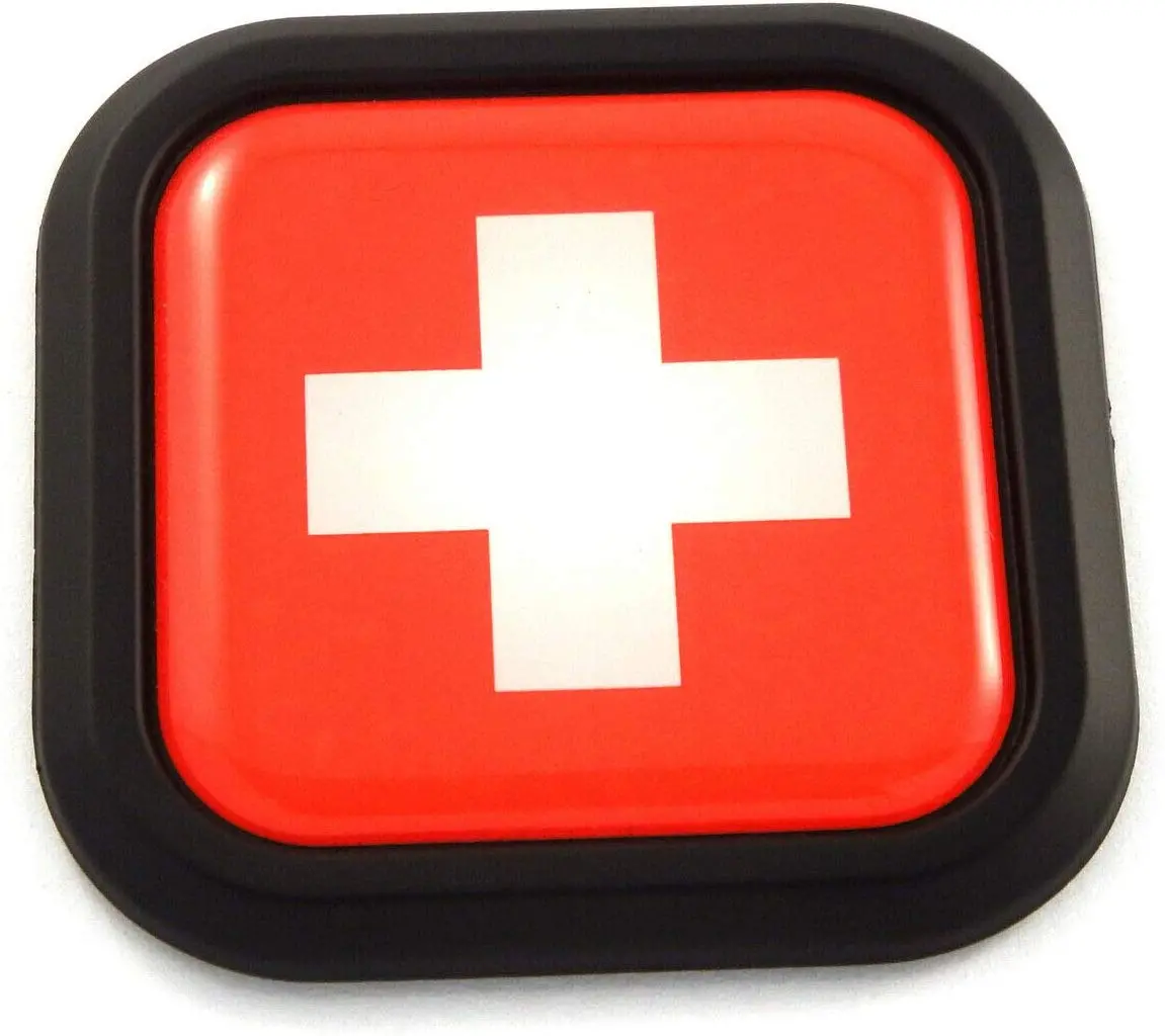 Swiss Flag Square Black Rim Emblem Car 3D Decal Badge Hood Bumper Sticker 2" 1