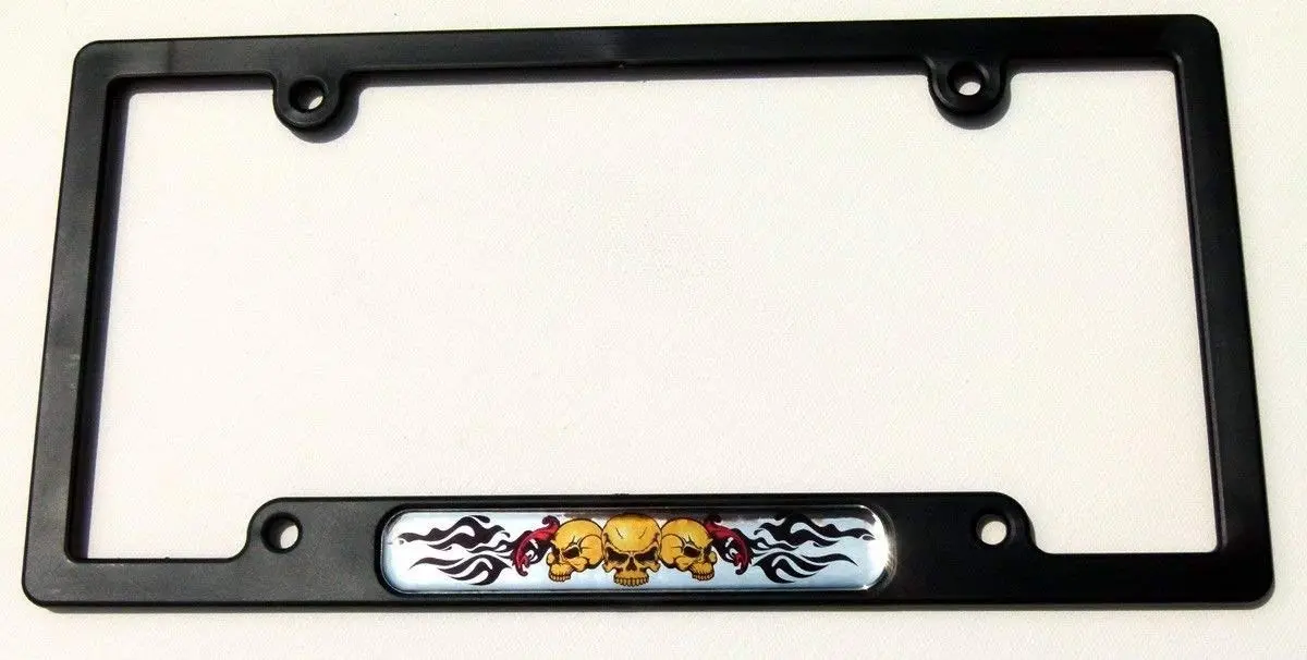 3 Skull With Flames Black Plastic Car License Plate Frame With Domed Lens Insert 1