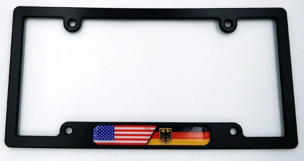 Usa/Germany Black Plastic Car License Plate Frame W/Domed Decal Insert Flag 1