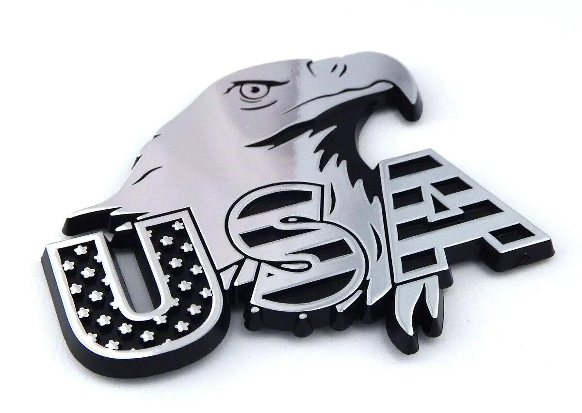 Usa American Eagle Flag Black With Chrome Eagle Plastic Car Emblem Decal 3" 1