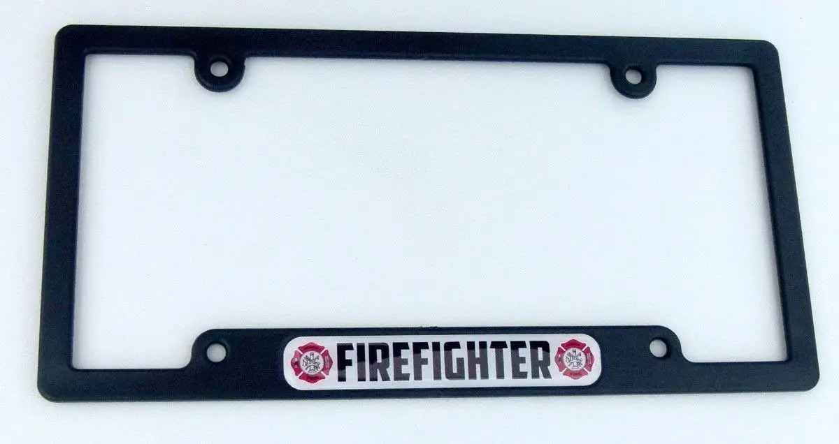 Firefighter Flag Black Plastic Car License Plate Frame Domed Colour Lens 1
