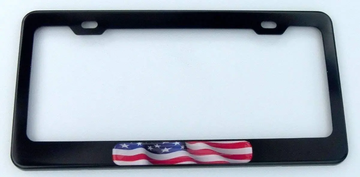Usa American Flag Black Metal Car Auto License Plate Frame Dome Insert 1
