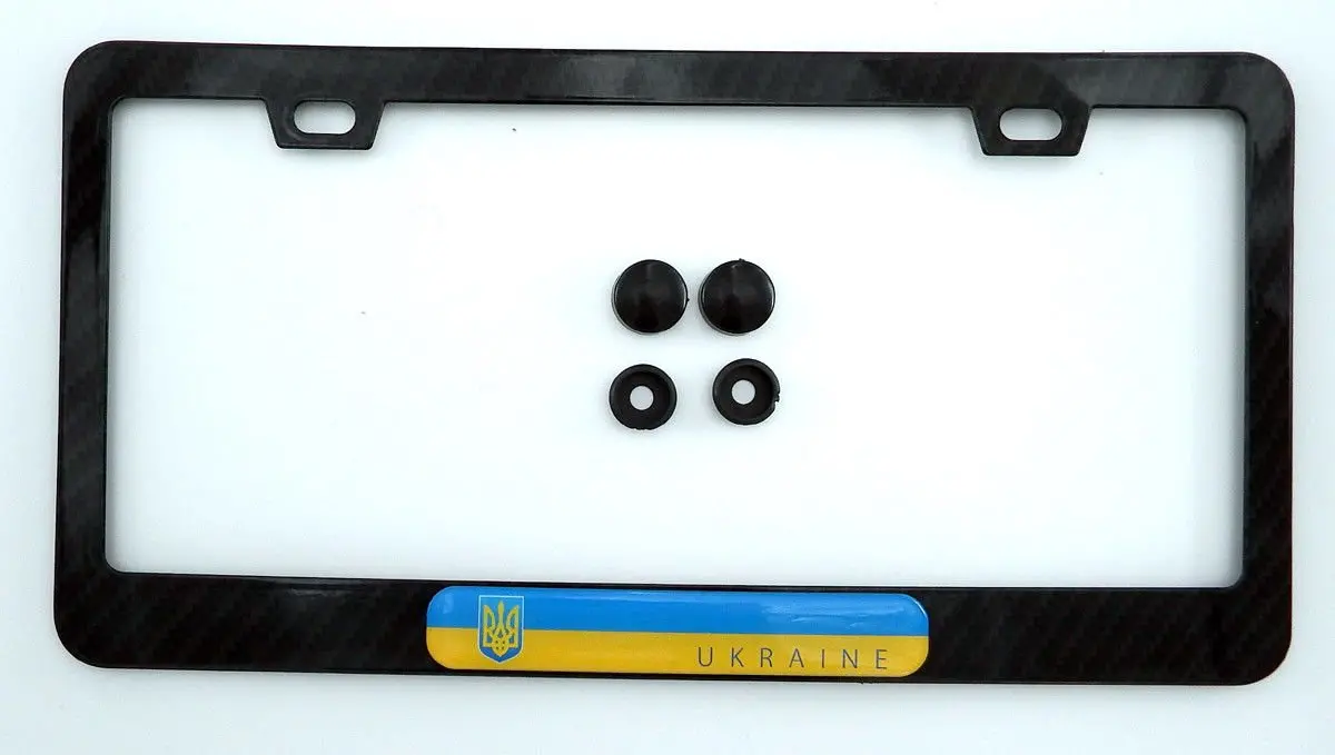 Ukraine Flag Black Carbon Fiber Look Metal Car License Plate Frame Holder 1