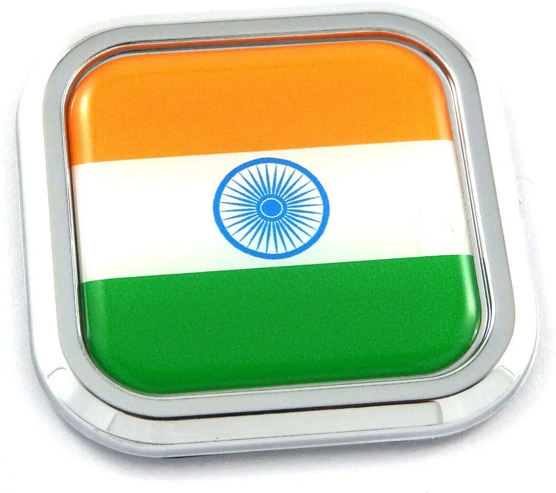 India Flag Square Chrome Rim Emblem Car 3D Decal Badge Hood Bumper Sticker 2" 1