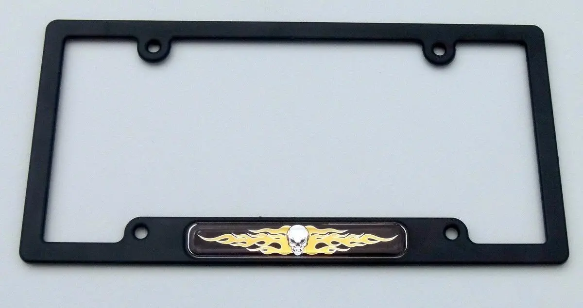 Skull With Flames Flag Black Plastic Car License Plate Frame Dome Decal 1