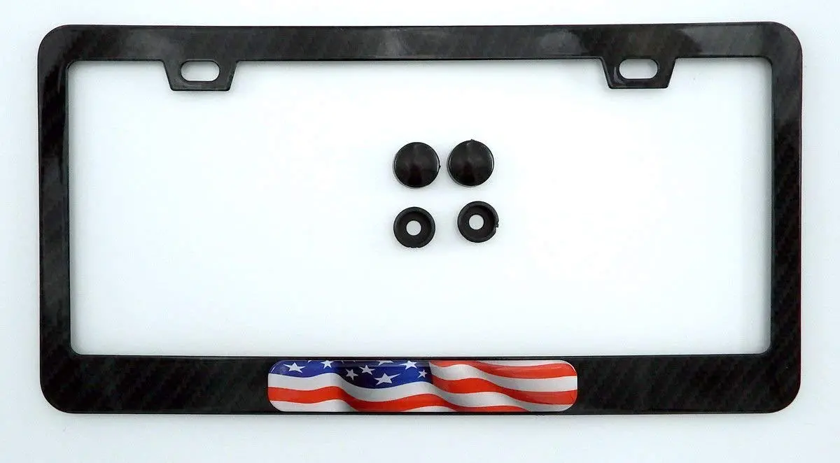 Usa American Flag Black Carbon Fiber Look Metal Car License Plate Frame Holder 1