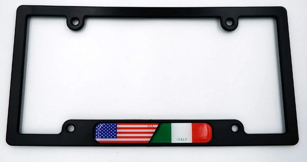 Usa/Italy Black Plastic Car License Plate Frame W/Domed Decal Insert Flag 1