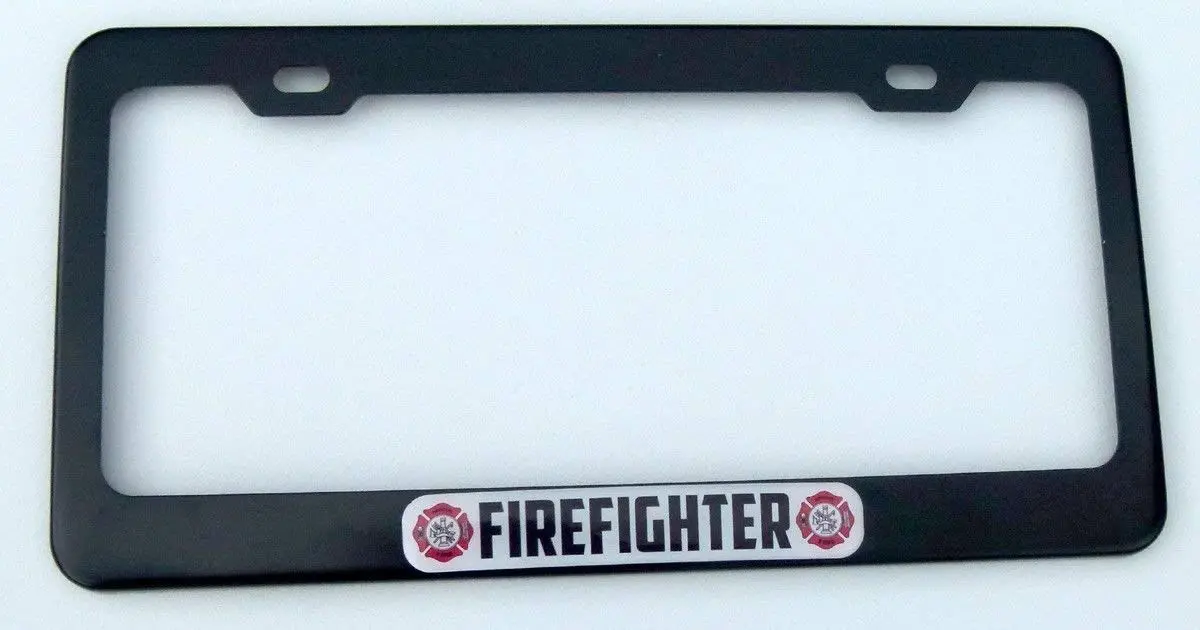 Firefighter Flag Black Metal Car License Plate Frame Domed Insert 1