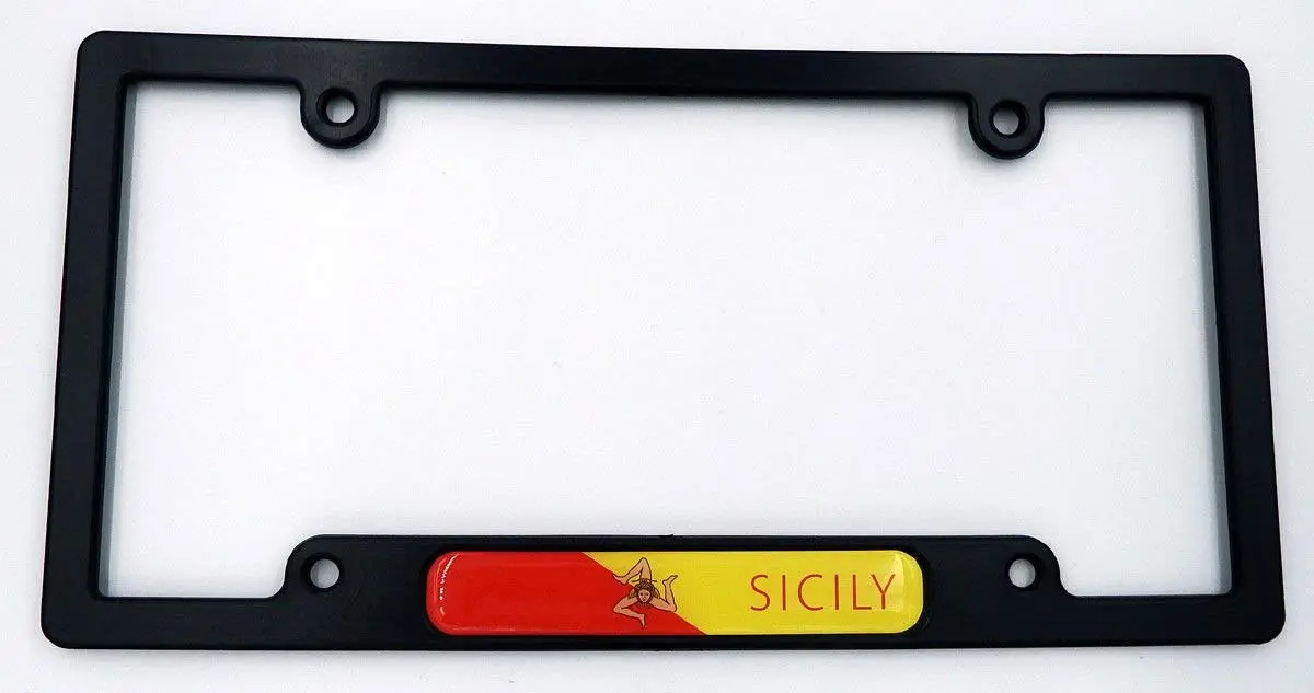Sicily Black Plastic Car License Plate Frame With Domed Decal Insert Flag Italy 1