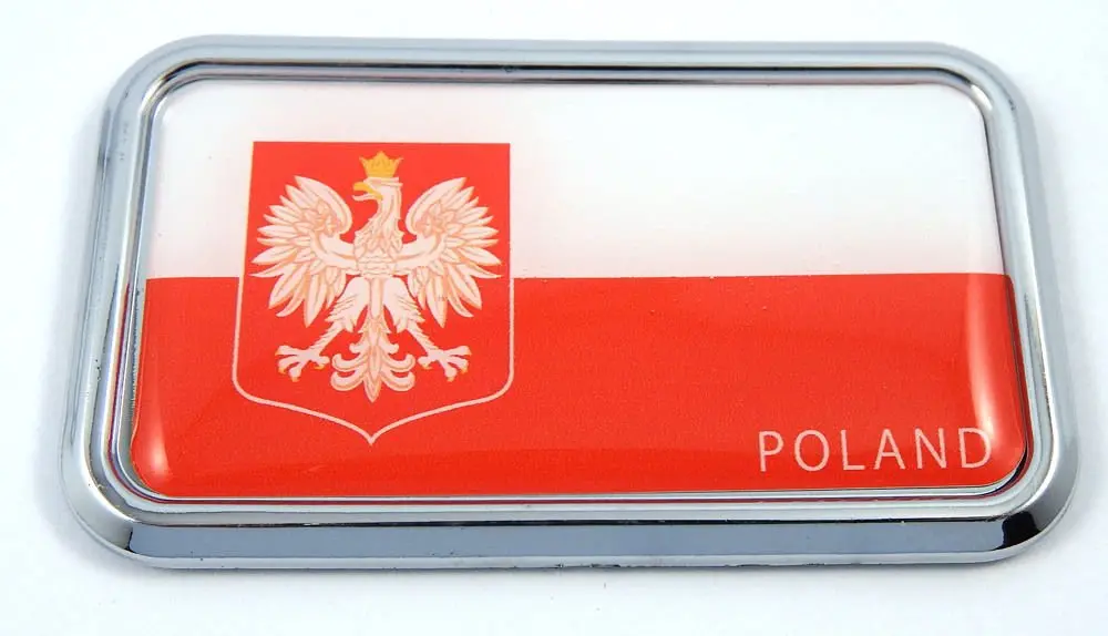 Poland Polska Flag Rectanguglar Chrome Emblem 3D Car Decal Sticker 3" X 1.75" 1