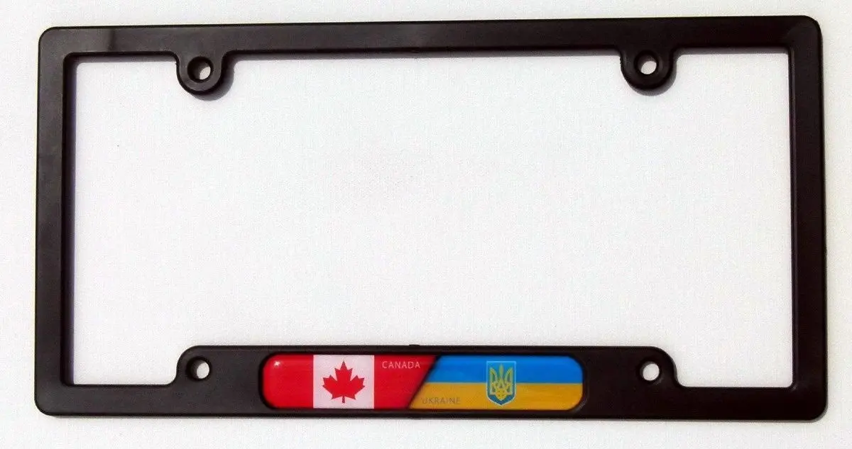 Canada / Ukraine Flag Black Plastic Car License Plate Frame Domed Colour Lens 1