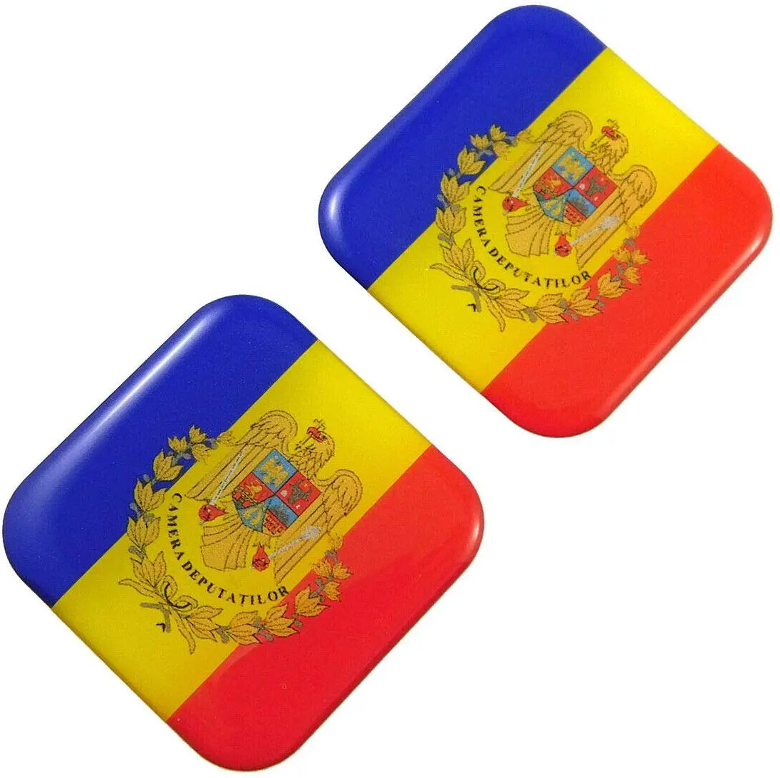 Romania Flag Square Domed Decal Car Bike Gel Stickers 1.5" 2Pc 1