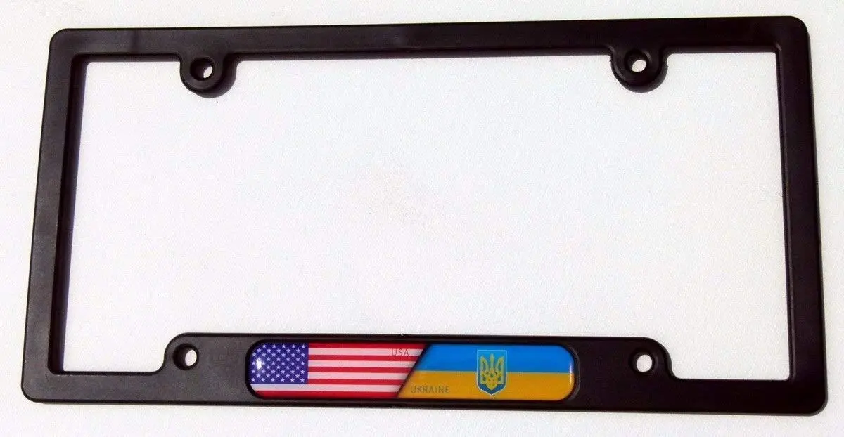 Usa/Ukraine Flames Flag Black Plastic Car License Plate Frame Domed Decal 1