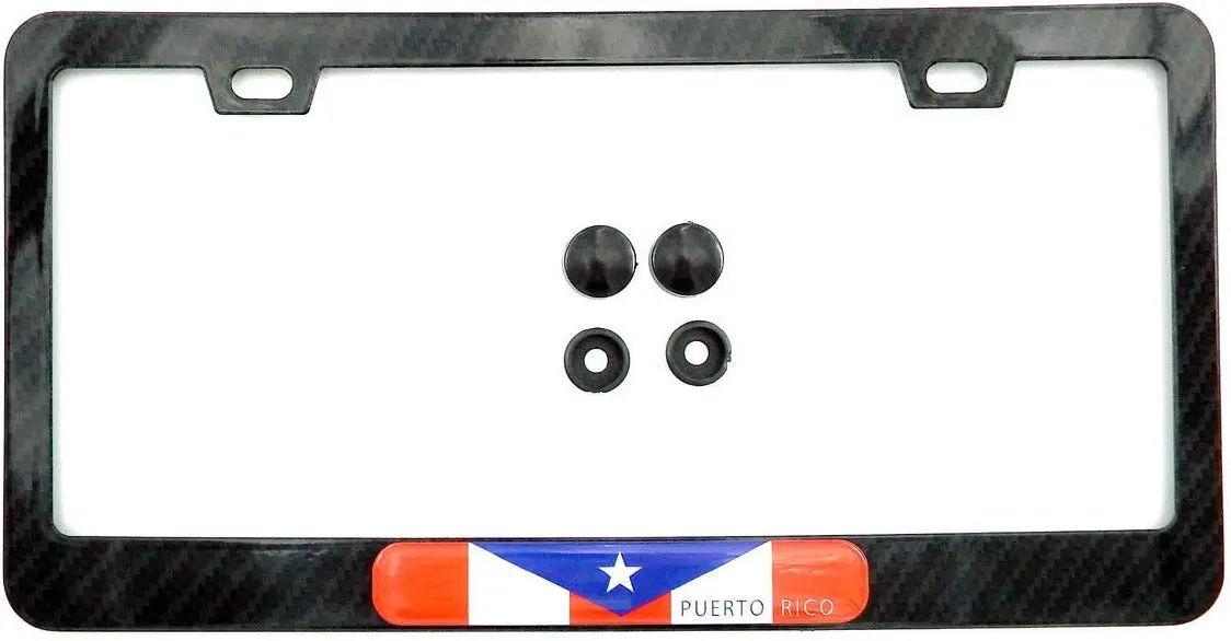Puerto Rico Flag Black Carbon Fiber Look Metal Car License Plate Frame 1