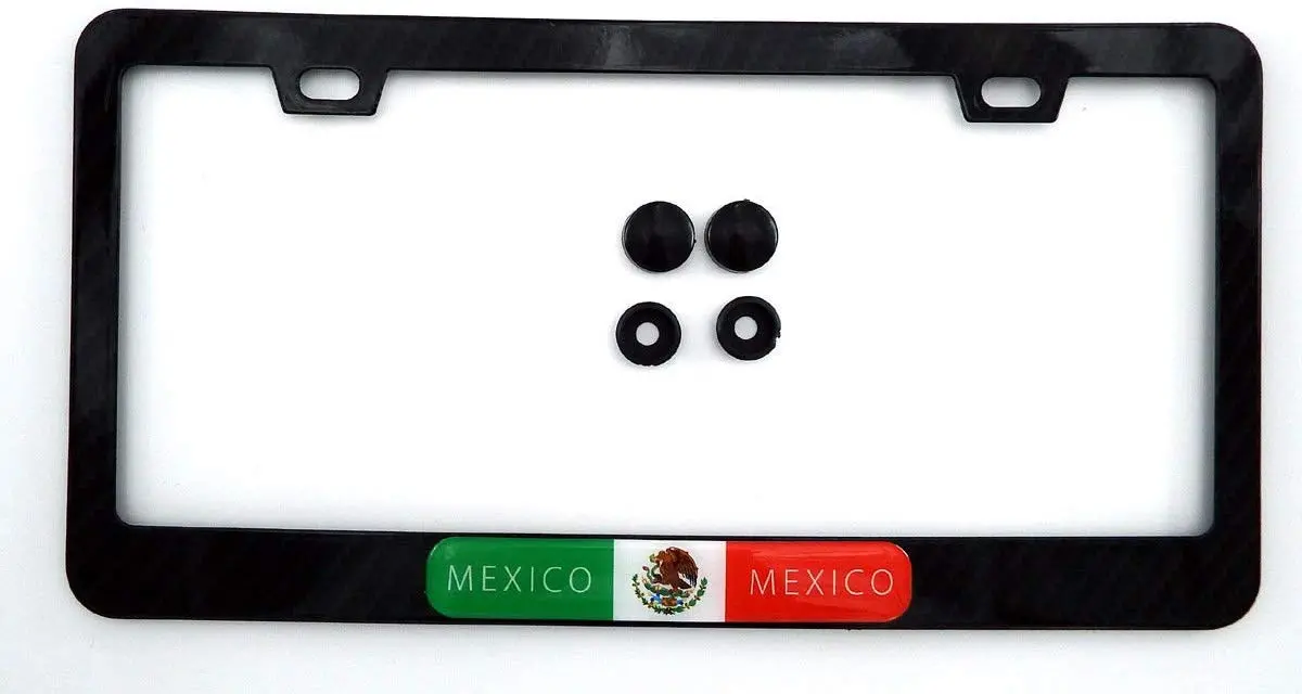 Mexico Mexican Flag Black Carbon Fiber Look Metal Car License Plate Frame 1