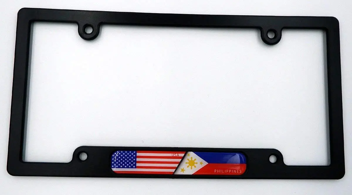 Usa/Philippines Black Plastic Car License Plate Frame W Domed Decal Insertflag 1