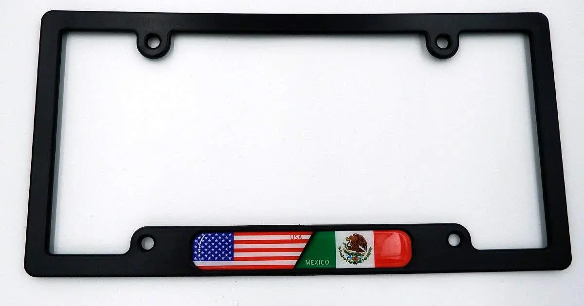 Usa/Mexico Black Plastic Car License Plate Frame W/Domed Decal Insert Flag 1