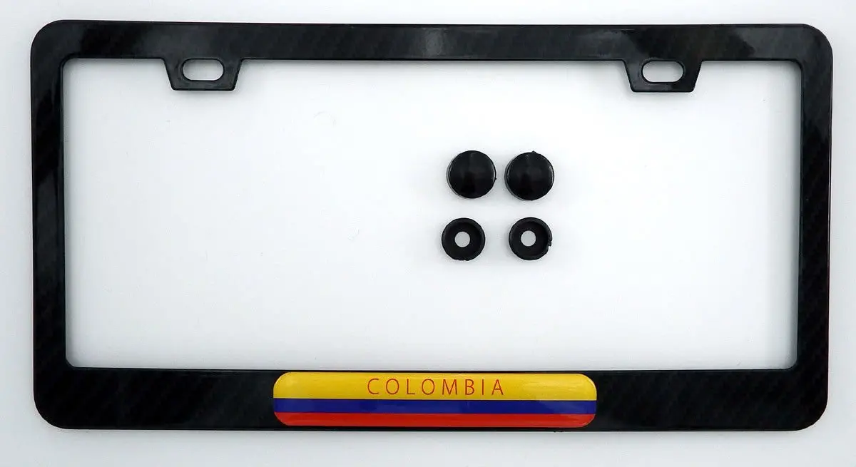 Colombia Flag Black Carbon Fibre Fiber Look Metal Car License Plate Frame 1
