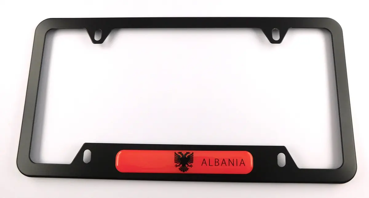Albania Flag Metal Black Aluminium Car License Plate Frame Holder 4 Hole Bottom Cutout 1