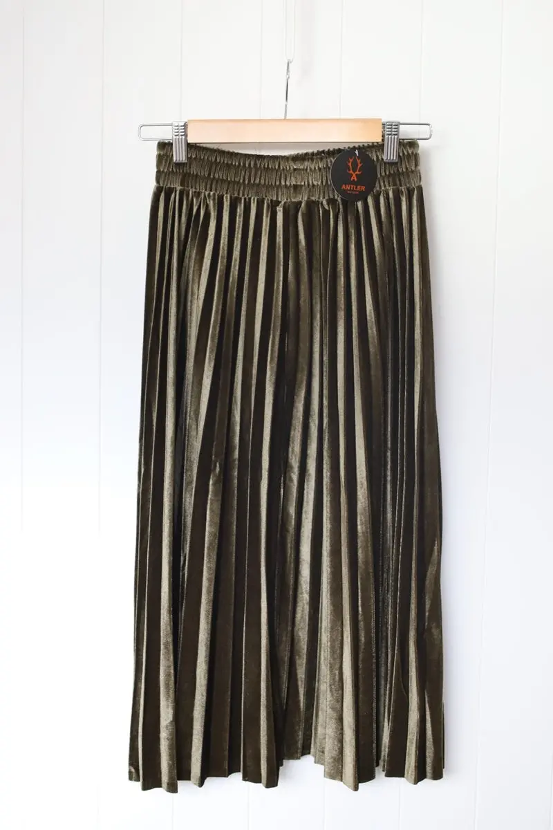 Antler - Velvet Pleated Skirt - Olive 1