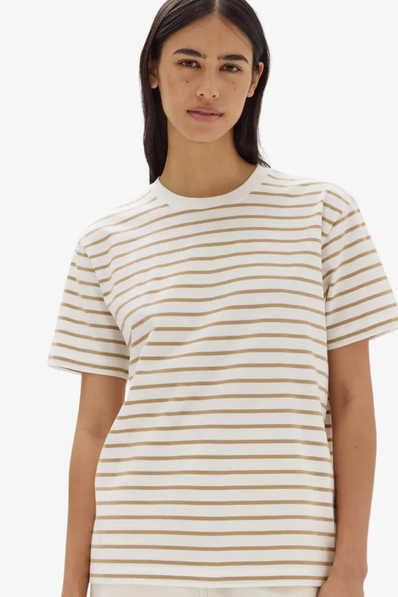 Assembly Label -  Port Stripe Short Sleeve Tee - Antique White /Tan Stripe 1