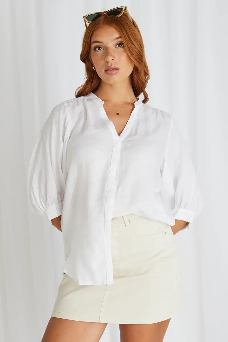 By Rosa - Deity White Linen Puff Sleeve Blouse - White 1