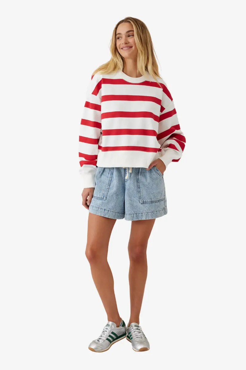 Ceres Life - Cropped Slouchy Crew - Warm Red/White Stripe 1