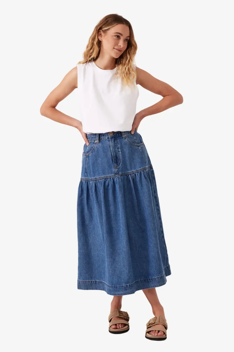 Ceres Life - Drop Waist Denim Midi Skirt - Fresh Indigo 1