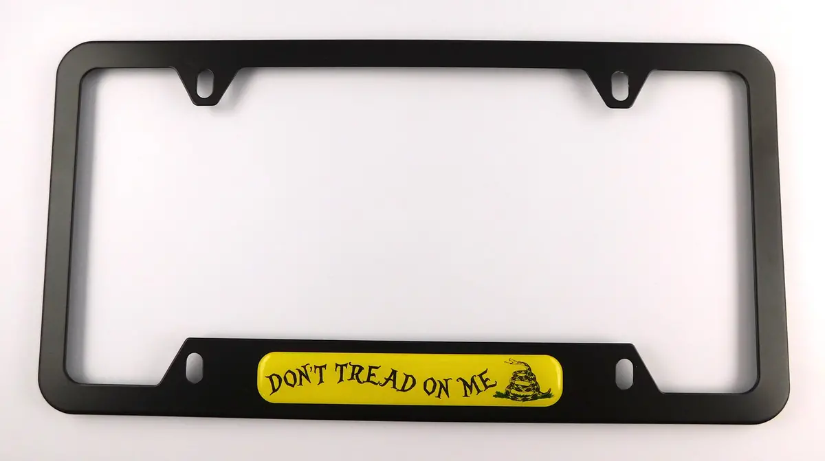 Don't Tread On Me Metal Black Aluminium Car License Plate Frame Holder 4 Hole Bottom Cutout 1