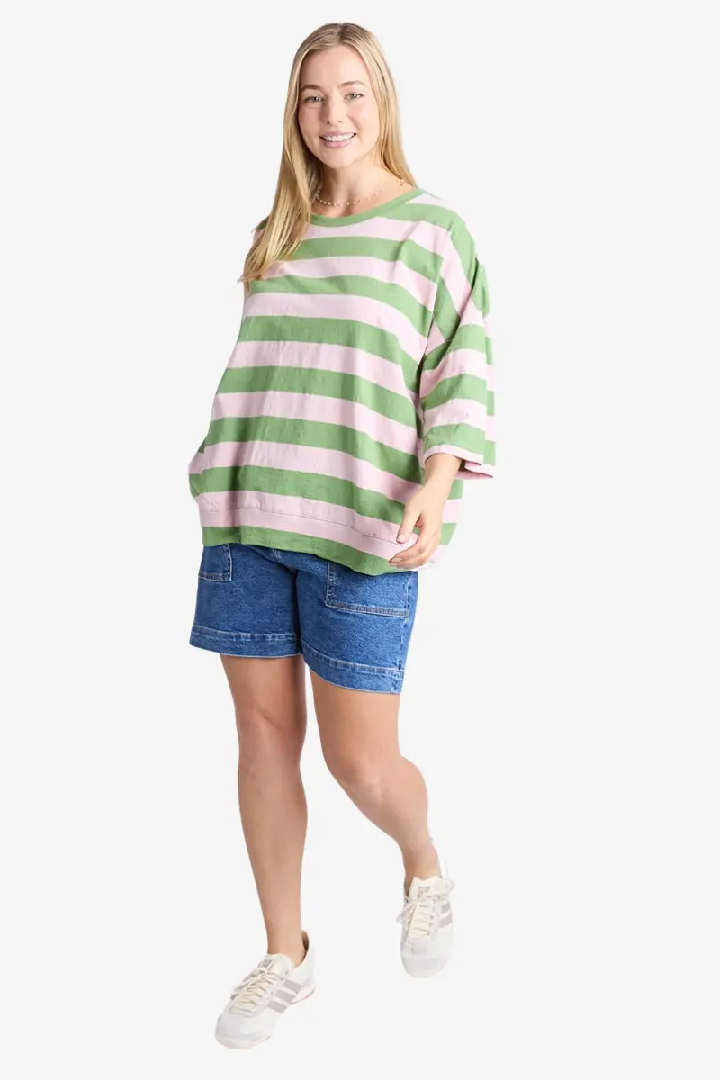 Elm - Fundamental Mazie Sweat - Forest Green & Pink Lady Stripe 1