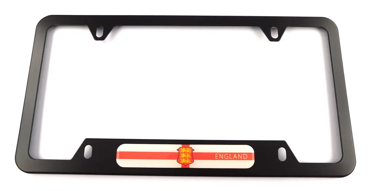 England Flag Metal Black Aluminium Car License Plate Frame Holder 4 Hole Bottom Cutout 1