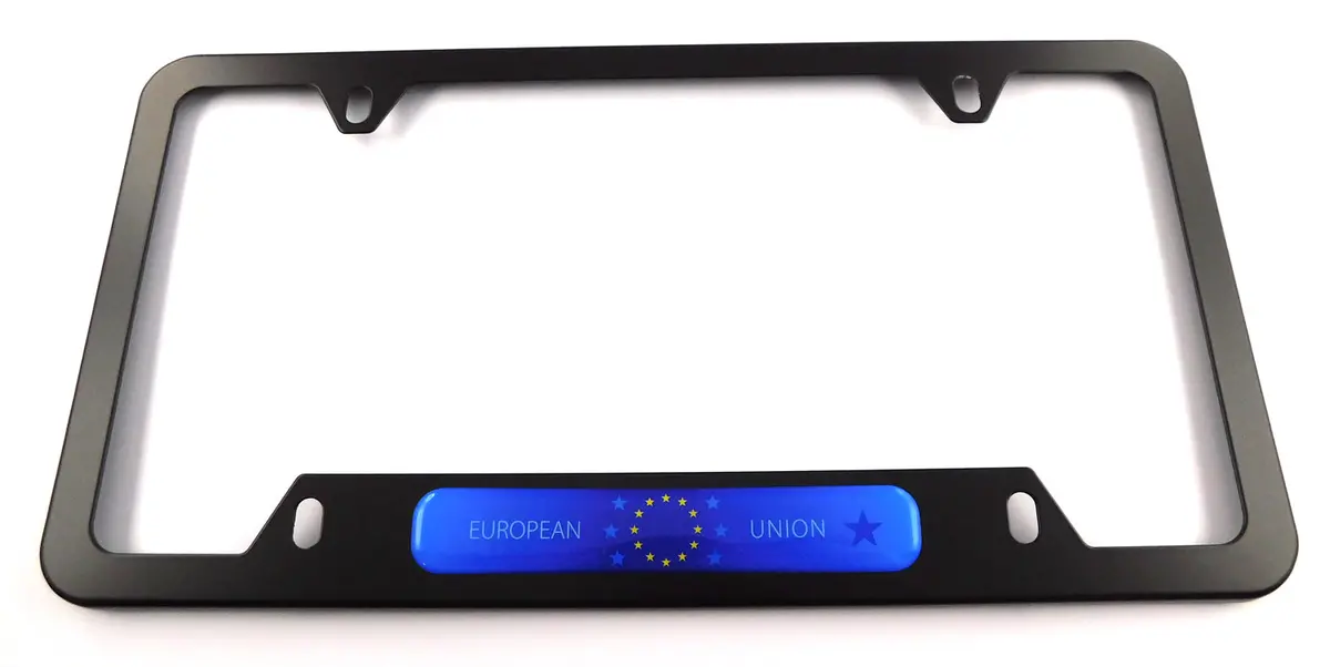 Euro Union Flag Metal Black Aluminium Car License Plate Frame Holder 4 Hole Bottom Cutout 1