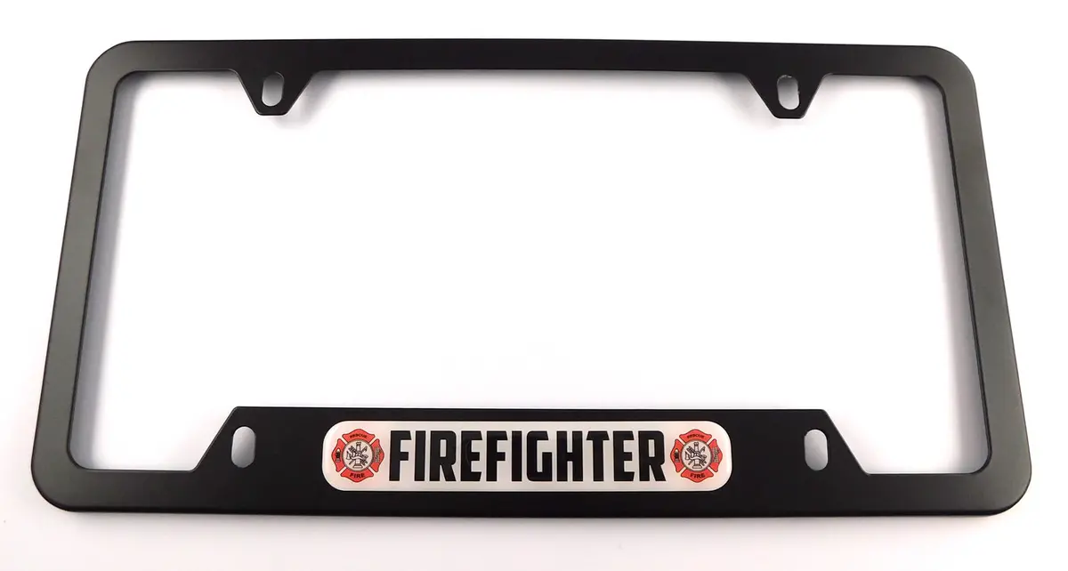 Fire Fighter Metal Black Aluminium Car License Plate Frame Holder 4 Hole Bottom Cutout 1